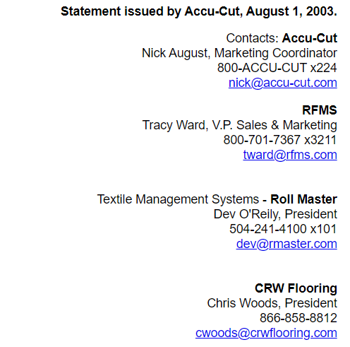 Accu-Cut Contact Information for Inventory Control Software Link