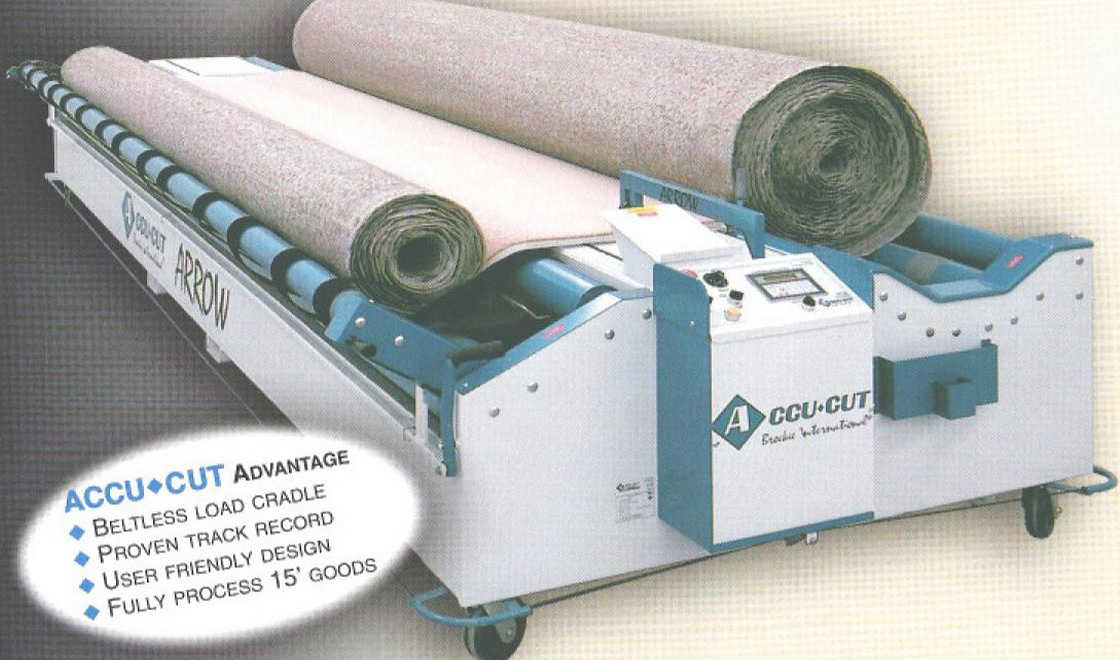 Accu-Cut Arrow carpet cutting machine with carpet rolls loaded