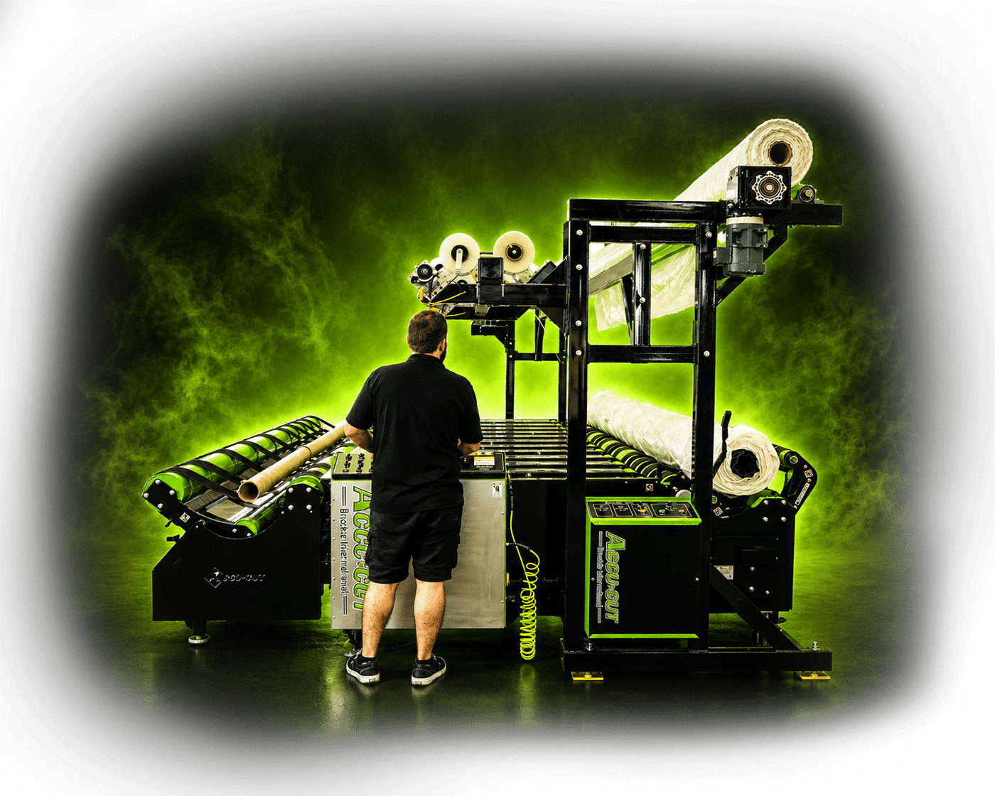 Operator using full-length automatic roll wrapping system